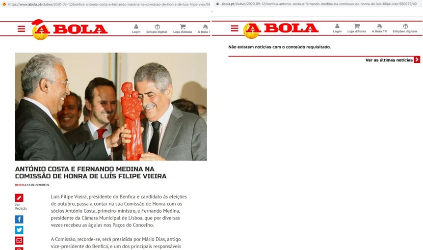 Após detenção, Jornal "A Bola" apaga notícias sobre apoio de António Costa a Vieira