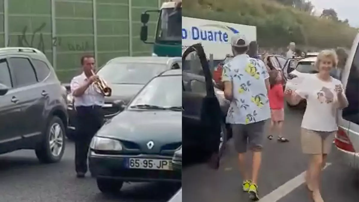Insólito: Portugueses animam automobilistas bloqueados em mega engarrafamento na A1 com trompete e música do Quim Barreiros